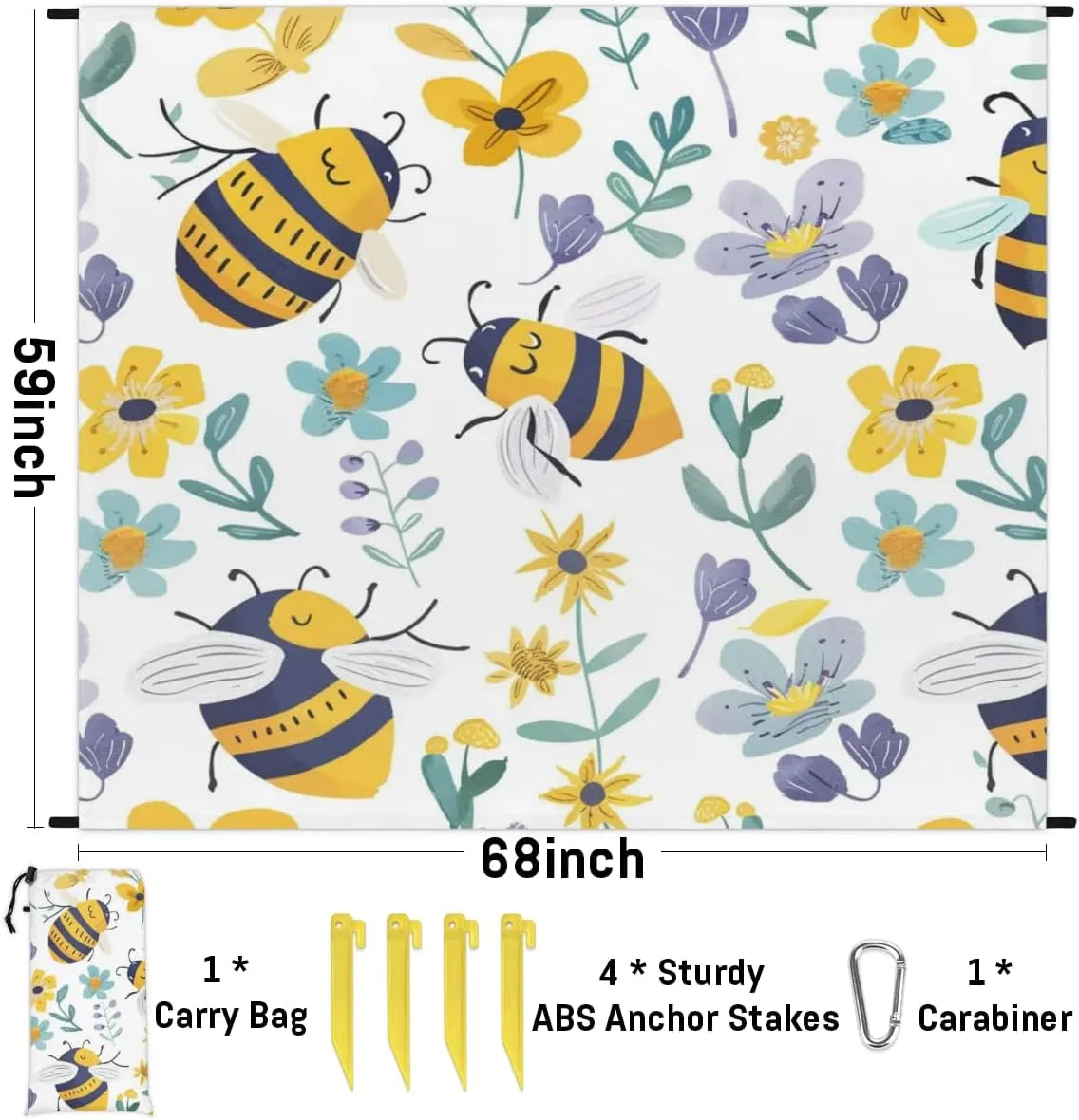 Bee Beach Blanket, Sandproof Beach Mat, Adults Waterproof Quick Drying Sand Free Mat with 4 x Ground Spikes for Outdoor Travel Camping Hiking, Country Floral Bee