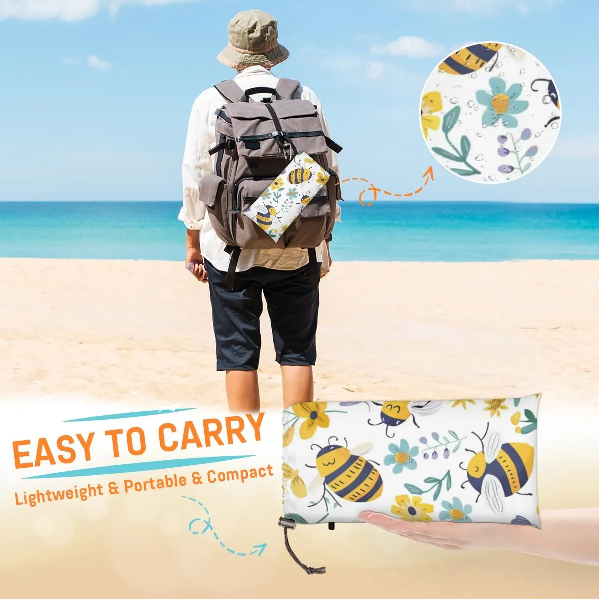 Bee Beach Blanket, Sandproof Beach Mat, Adults Waterproof Quick Drying Sand Free Mat with 4 x Ground Spikes for Outdoor Travel Camping Hiking, Country Floral Bee