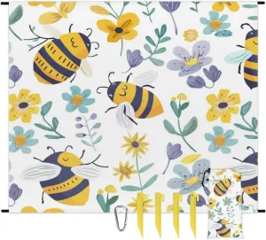 Bee Beach Blanket, Sandproof Beach Mat, Adults Waterproof Quick Drying Sand Free Mat with 4 x Ground Spikes for Outdoor Travel Camping Hiking, Country Floral Bee