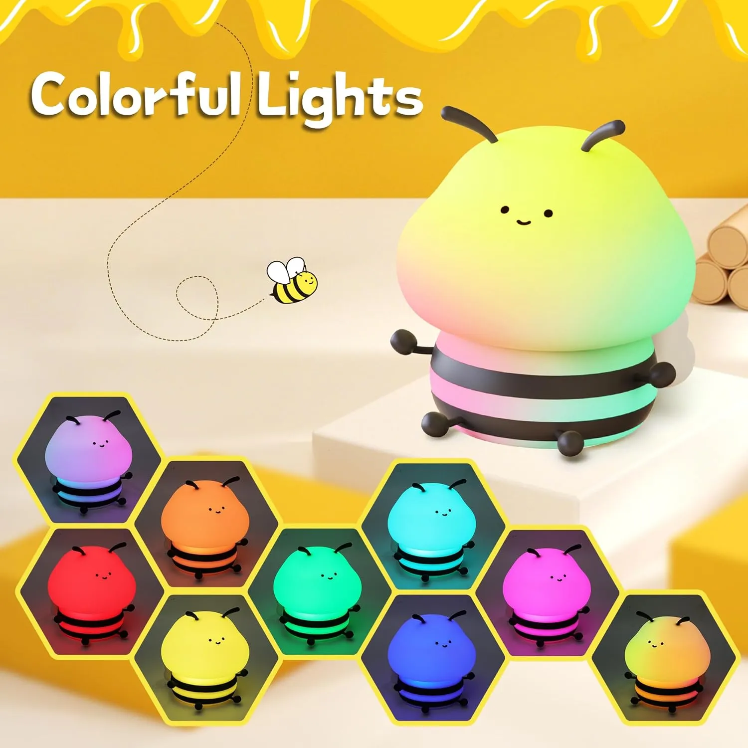 Bee Gifts, Cute Bee Night Light, Animal Silicone Nursery Lamp with Dimming and Timing Function, 9 Lighting Effects, Cute Room Decor Lights