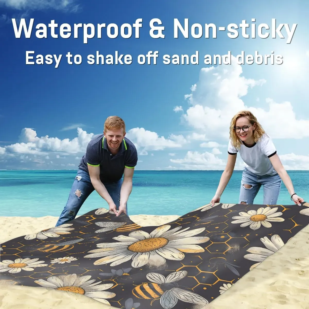 Bee Honeycombs Beach Blanket, Sandproof Beach Mat, 68 x 59 Waterproof Quick Drying Sand Free Mat with 4 x Ground Spikes for Outdoor Travel Camping Hiking, Bee Daisy