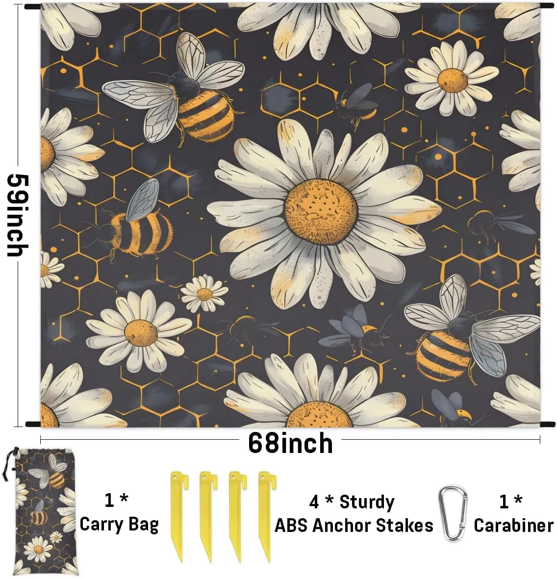 Bee Honeycombs Beach Blanket, Sandproof Beach Mat, 68 x 59 Waterproof Quick Drying Sand Free Mat with 4 x Ground Spikes for Outdoor Travel Camping Hiking, Bee Daisy