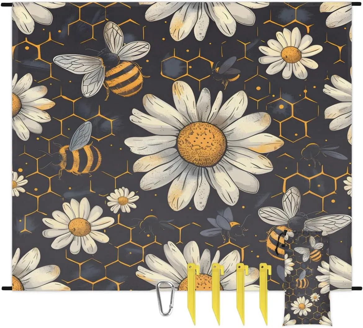 Bee Honeycombs Beach Blanket, Sandproof Beach Mat, 68 x 59 Waterproof Quick Drying Sand Free Mat with 4 x Ground Spikes for Outdoor Travel Camping Hiking, Bee Daisy