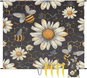 Bee Honeycombs Beach Blanket, Sandproof Beach Mat, 68 x 59 Waterproof Quick Drying Sand Free Mat with 4 x Ground Spikes for Outdoor Travel Camping Hiking, Bee Daisy