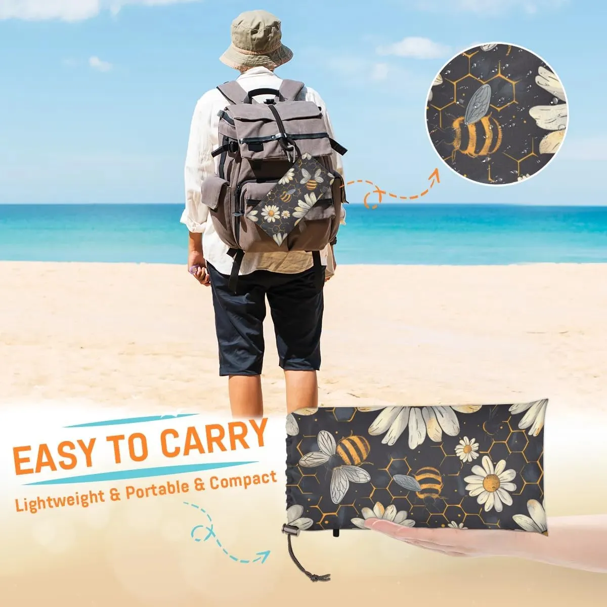 Bee Honeycombs Beach Blanket, Sandproof Beach Mat, 68 x 59 Waterproof Quick Drying Sand Free Mat with 4 x Ground Spikes for Outdoor Travel Camping Hiking, Bee Daisy
