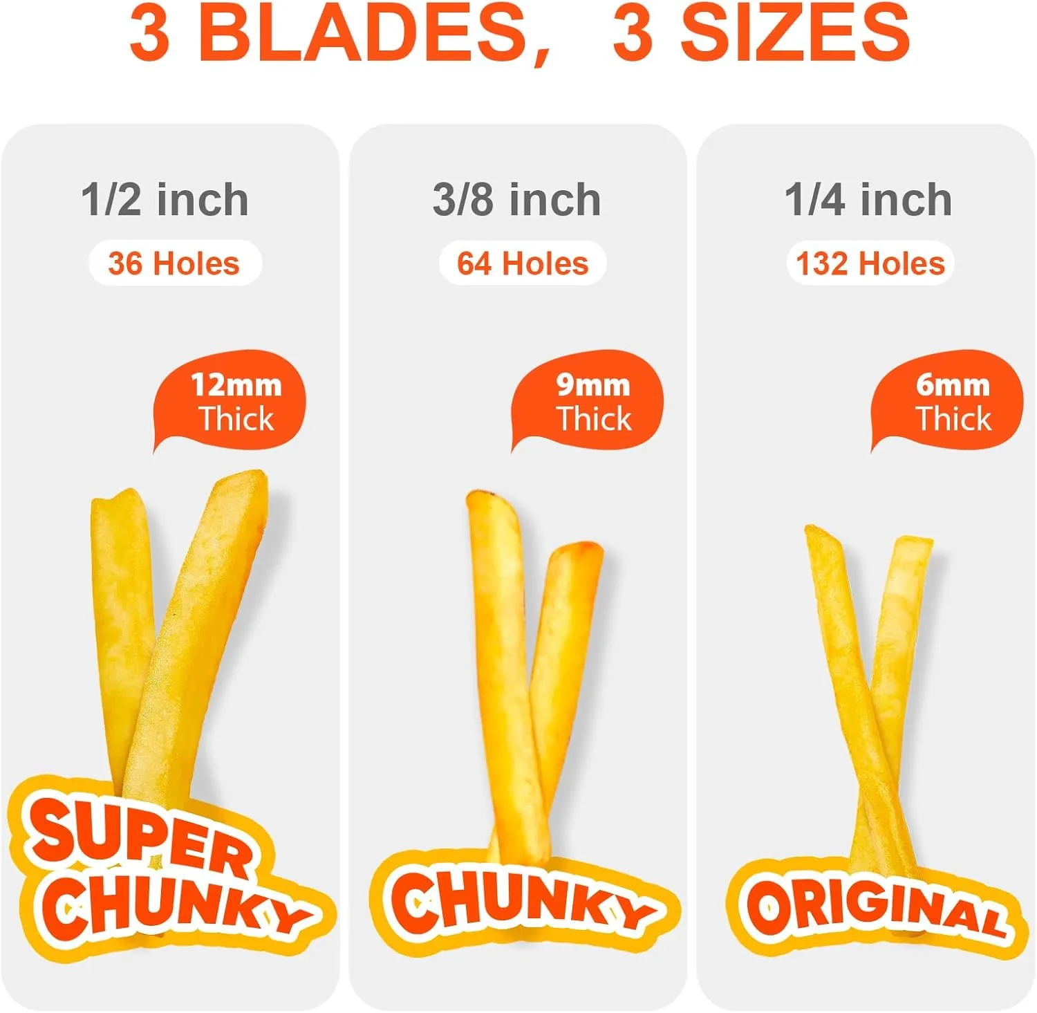 Befano French Fry Cutter, Stainless Steel Potato Cutter with 1/2 Inch, 3/8 Inch and 1/4 Inch Blades (Manual Cutter, 1/2 '' & 3/8 '' & 1/4 '' Blade)