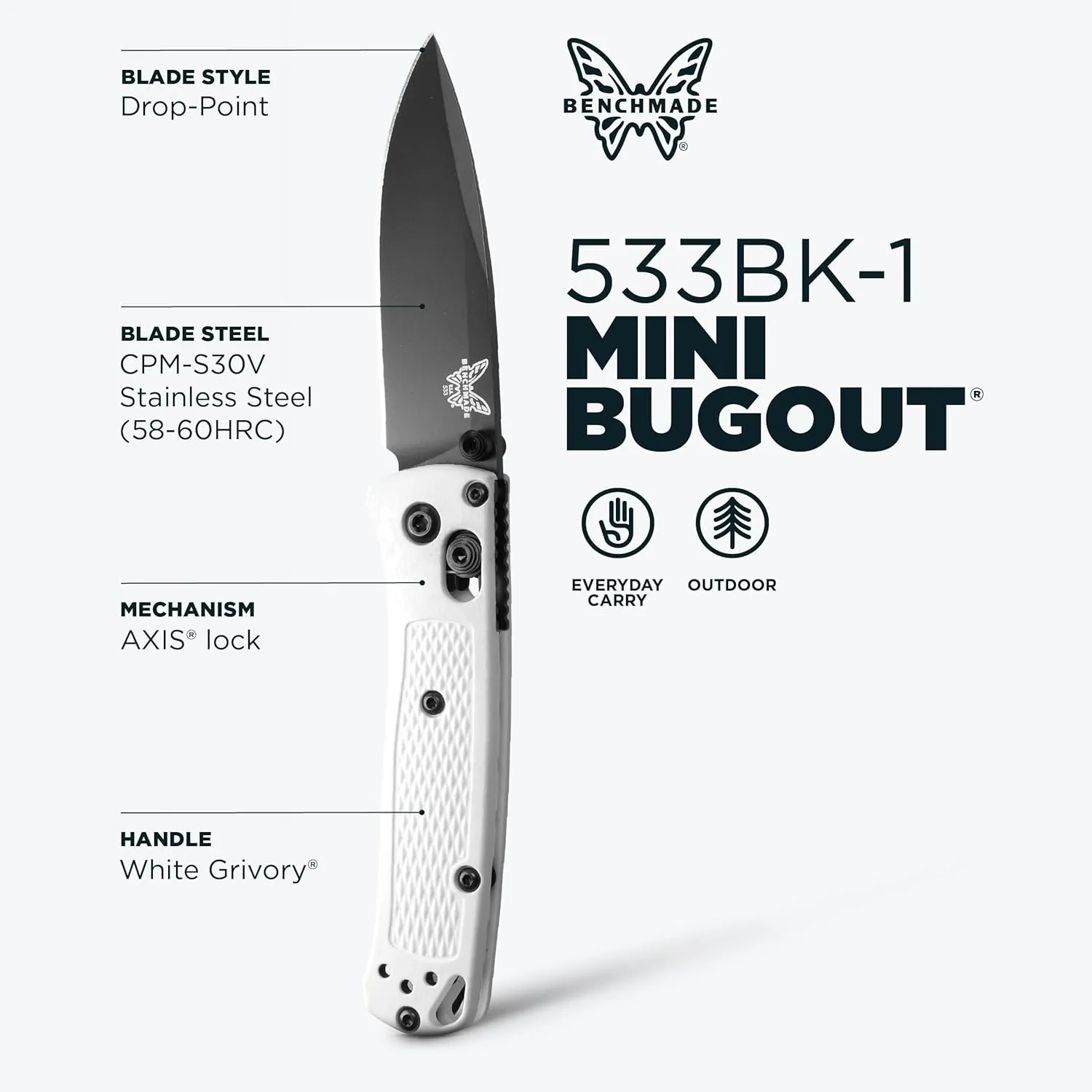 Benchmade - Mini Bugout 533 Folding Knife with White Givory Handle (533BK-1)