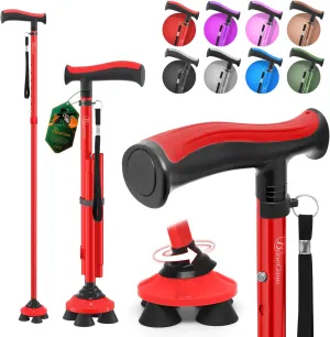 BeneCane Walking Cane for Men & Women Walking Stick for Seniors Folding Canes Quad Cane Adjustable Lightweight Sturdy Collapsible Heavy Duty with Soft TPR T-Handle and Travel Bag