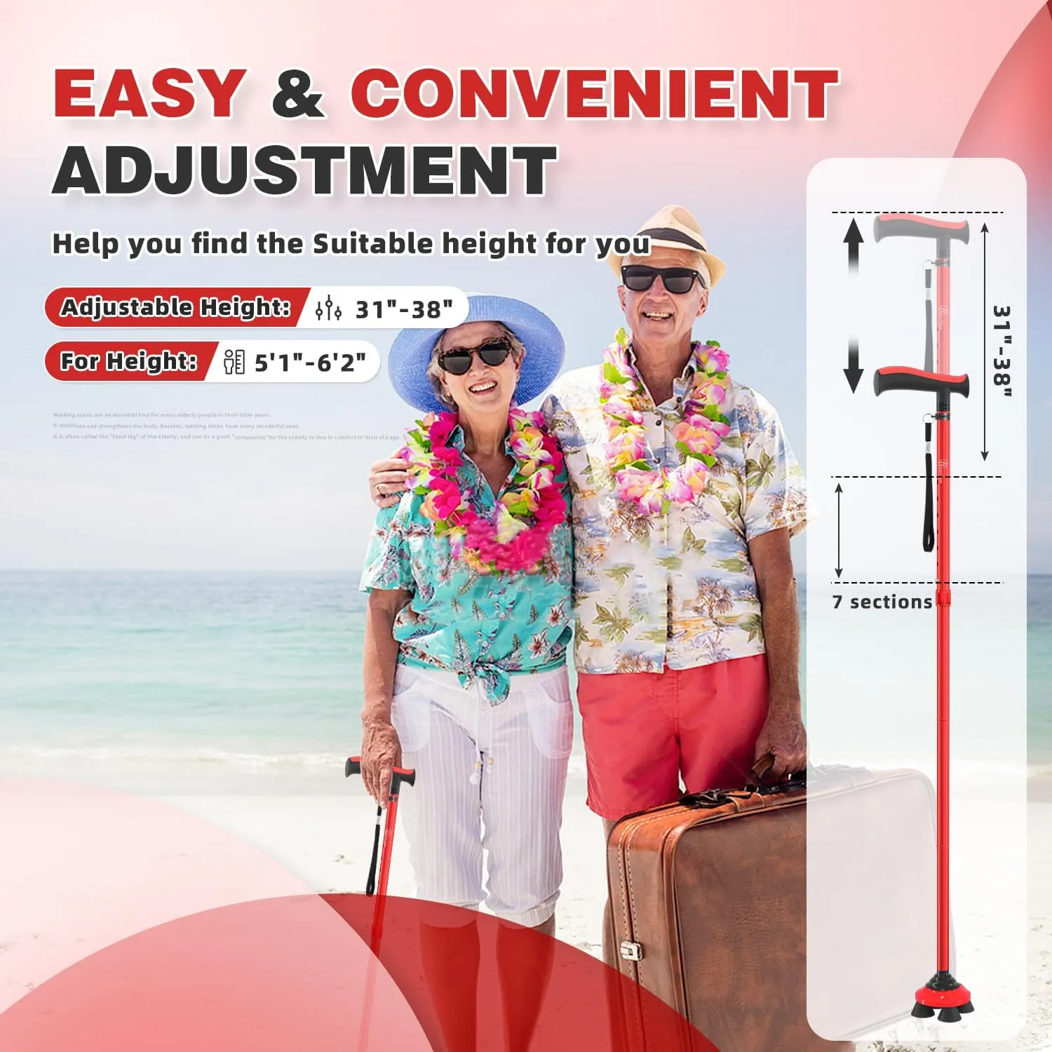 BeneCane Walking Cane for Men & Women Walking Stick for Seniors Folding Canes Quad Cane Adjustable Lightweight Sturdy Collapsible Heavy Duty with Soft TPR T-Handle and Travel Bag