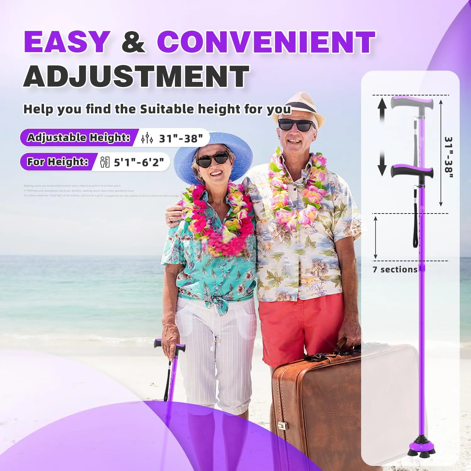 BeneCane Walking Cane for Men & Women Walking Stick for Seniors Folding Canes Quad Cane Adjustable Lightweight Sturdy Collapsible Heavy Duty with Soft TPR T-Handle and Travel Bag