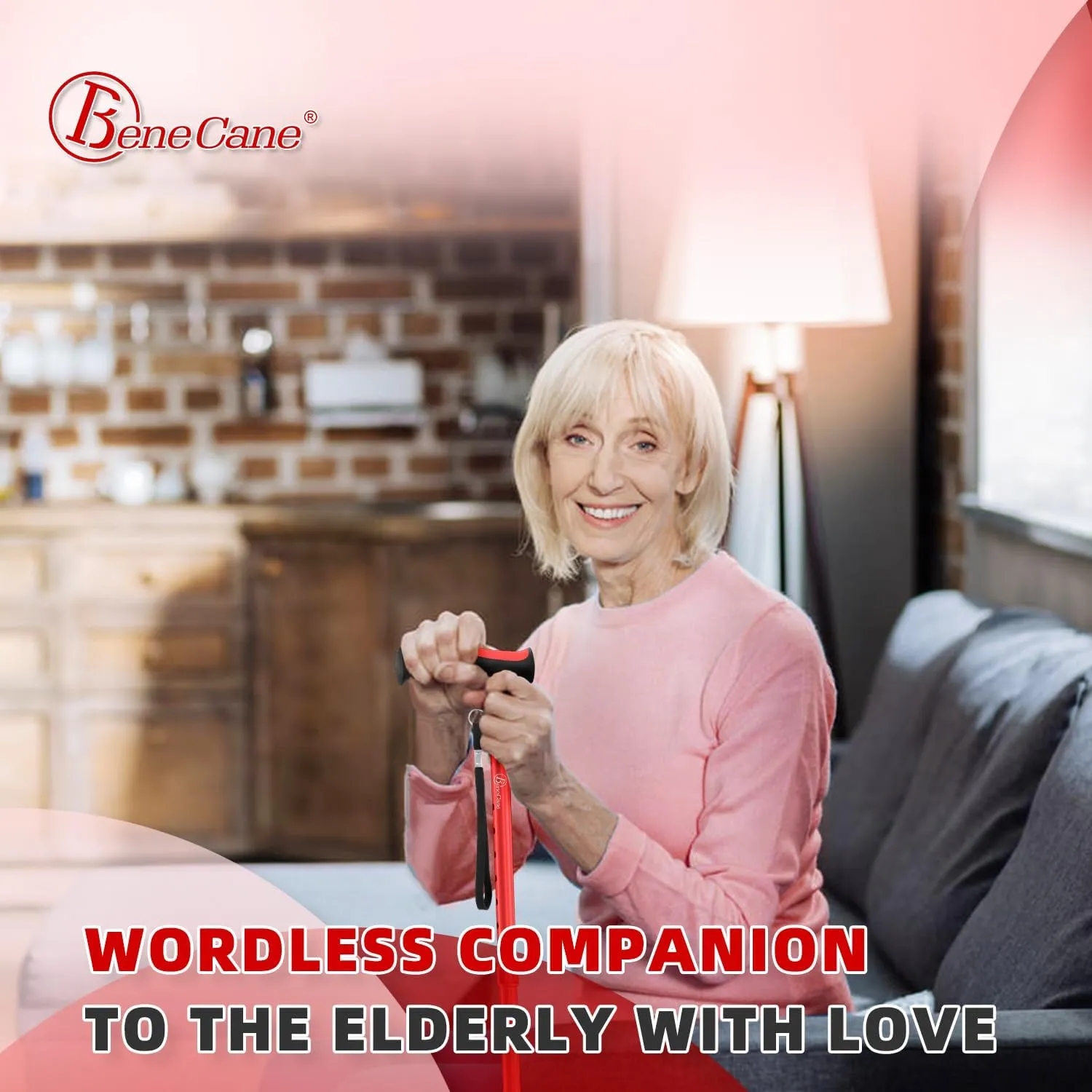 BeneCane Walking Cane for Men & Women Walking Stick for Seniors Folding Canes Quad Cane Adjustable Lightweight Sturdy Collapsible Heavy Duty with Soft TPR T-Handle and Travel Bag