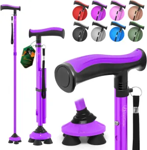 BeneCane Walking Cane for Men & Women Walking Stick for Seniors Folding Canes Quad Cane Adjustable Lightweight Sturdy Collapsible Heavy Duty with Soft TPR T-Handle and Travel Bag