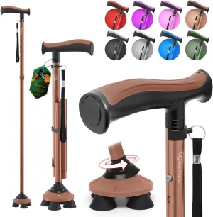 BeneCane Walking Cane for Men & Women Walking Stick for Seniors Folding Canes Quad Cane Adjustable Lightweight Sturdy Collapsible Heavy Duty with Soft TPR T-Handle and Travel Bag