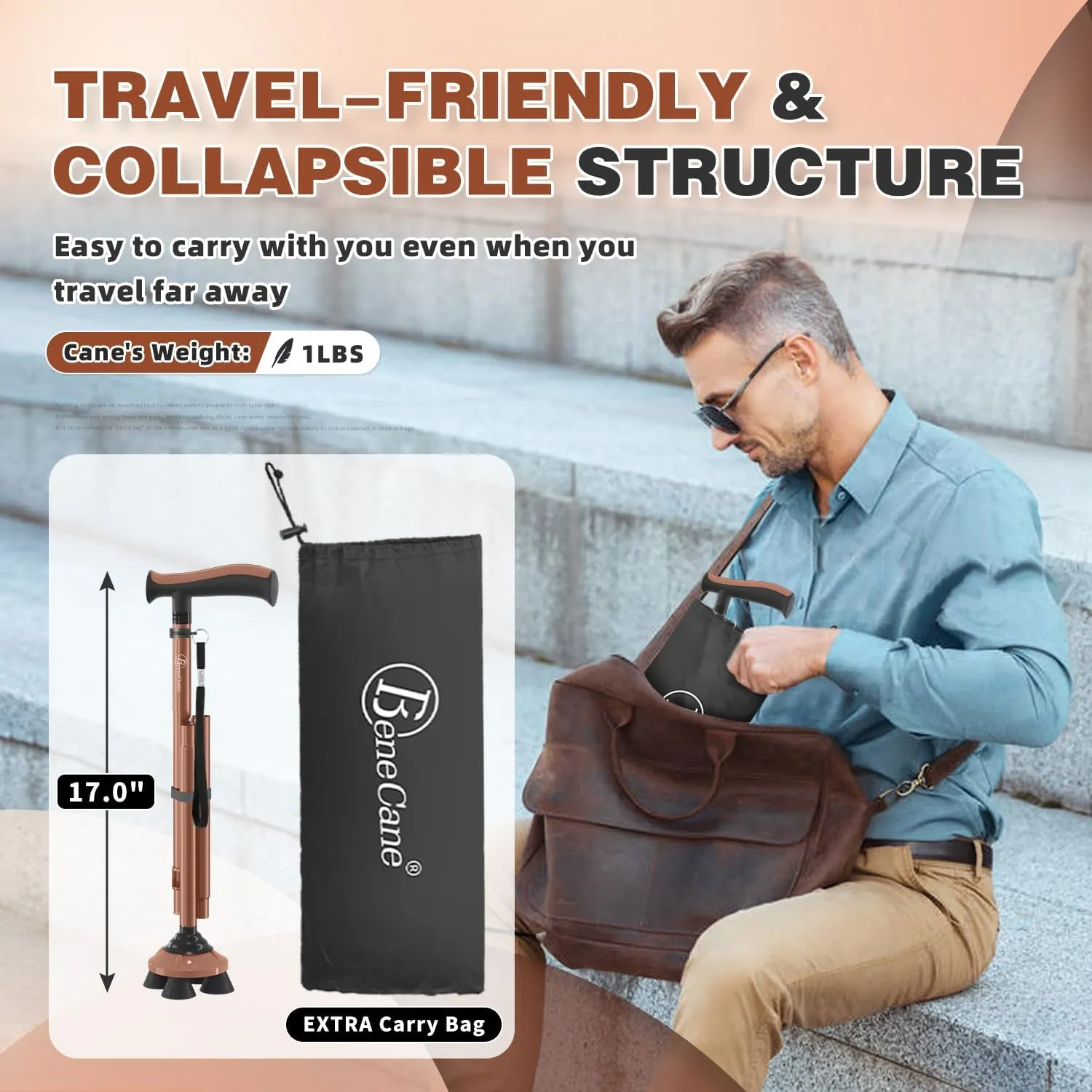 BeneCane Walking Cane for Men & Women Walking Stick for Seniors Folding Canes Quad Cane Adjustable Lightweight Sturdy Collapsible Heavy Duty with Soft TPR T-Handle and Travel Bag