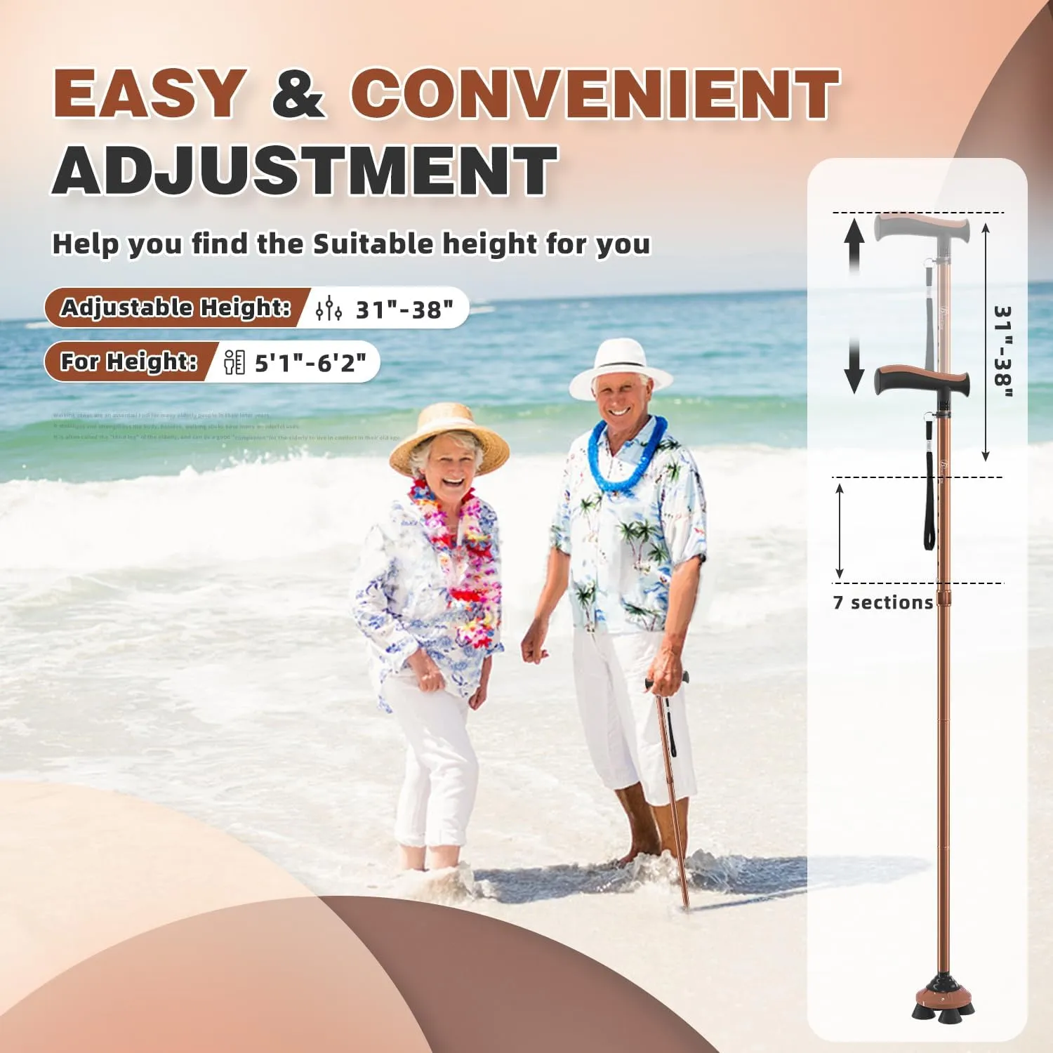 BeneCane Walking Cane for Men & Women Walking Stick for Seniors Folding Canes Quad Cane Adjustable Lightweight Sturdy Collapsible Heavy Duty with Soft TPR T-Handle and Travel Bag