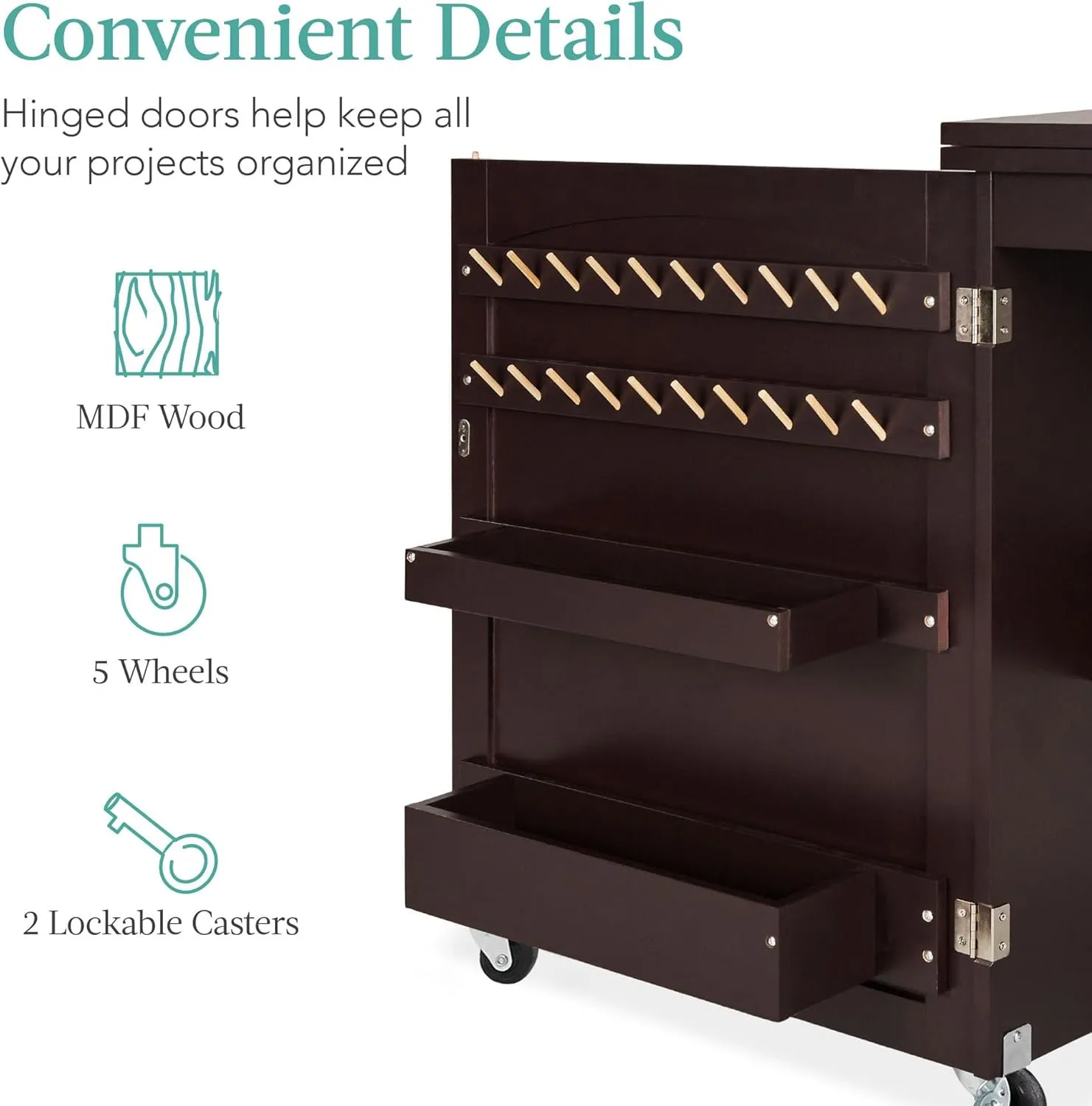 Best Choice Products Folding Sewing Table Multipurpose Craft Station & Side Desk with Compact Design, Wheels, Shelves, Storage Trays, Pegs, Magnetic Doors, Metal Doorknobs - Espresso