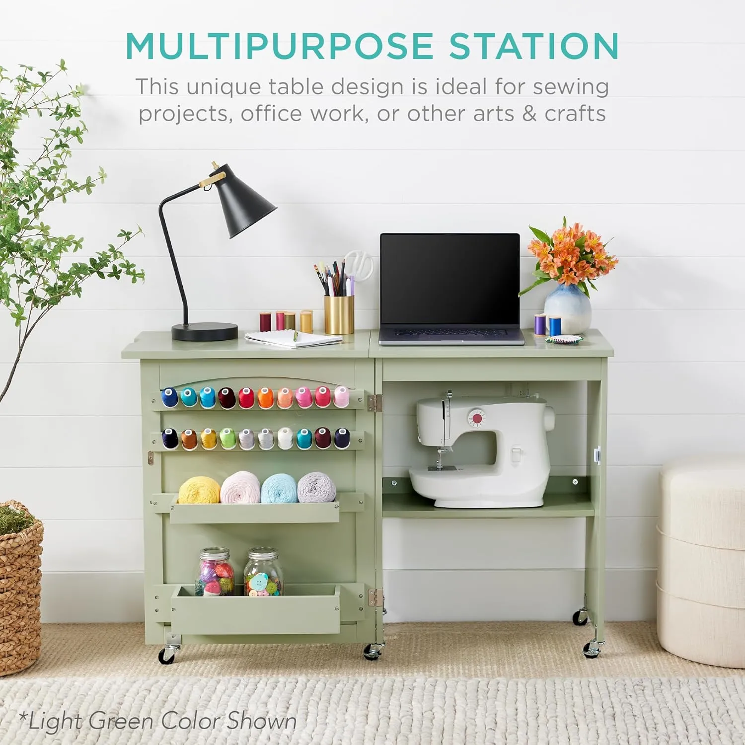 Best Choice Products Folding Sewing Table Multipurpose Craft Station & Side Desk with Compact Design, Wheels, Shelves, Storage Trays, Pegs, Magnetic Doors, Metal Doorknobs - Espresso
