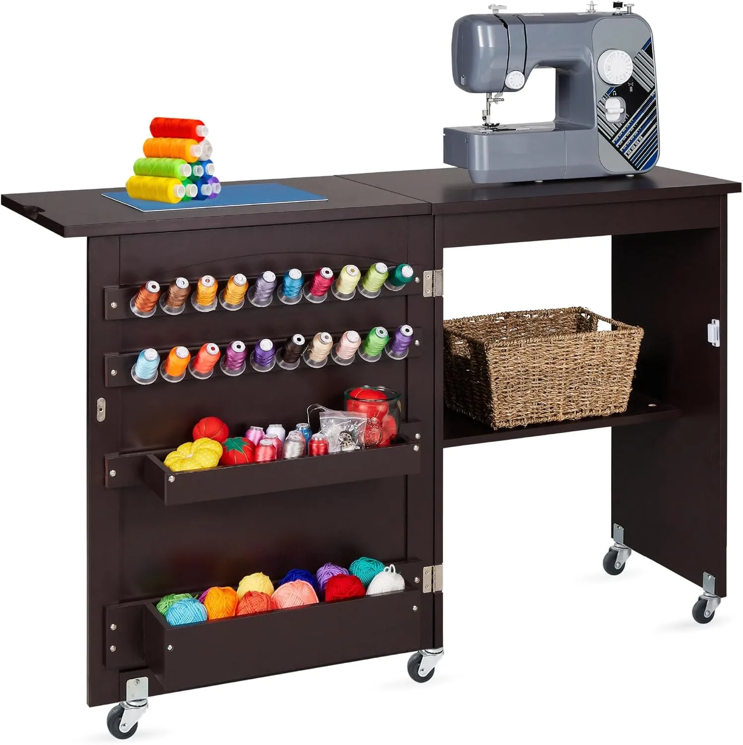 Best Choice Products Folding Sewing Table Multipurpose Craft Station & Side Desk with Compact Design, Wheels, Shelves, Storage Trays, Pegs, Magnetic Doors, Metal Doorknobs - Espresso