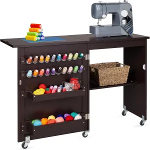 Best Choice Products Folding Sewing Table Multipurpose Craft Station & Side Desk with Compact Design, Wheels, Shelves, Storage Trays, Pegs, Magnetic Doors, Metal Doorknobs - Espresso