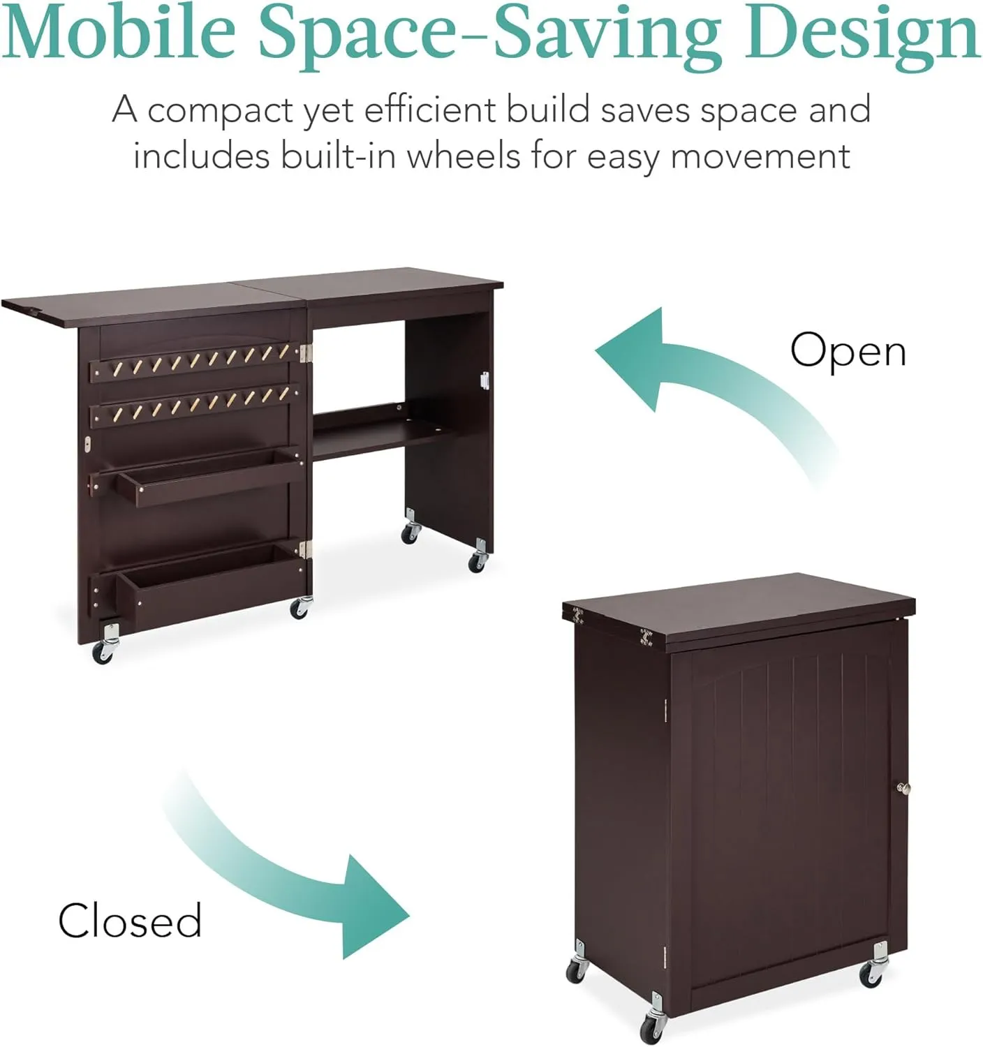 Best Choice Products Folding Sewing Table Multipurpose Craft Station & Side Desk with Compact Design, Wheels, Shelves, Storage Trays, Pegs, Magnetic Doors, Metal Doorknobs - Espresso
