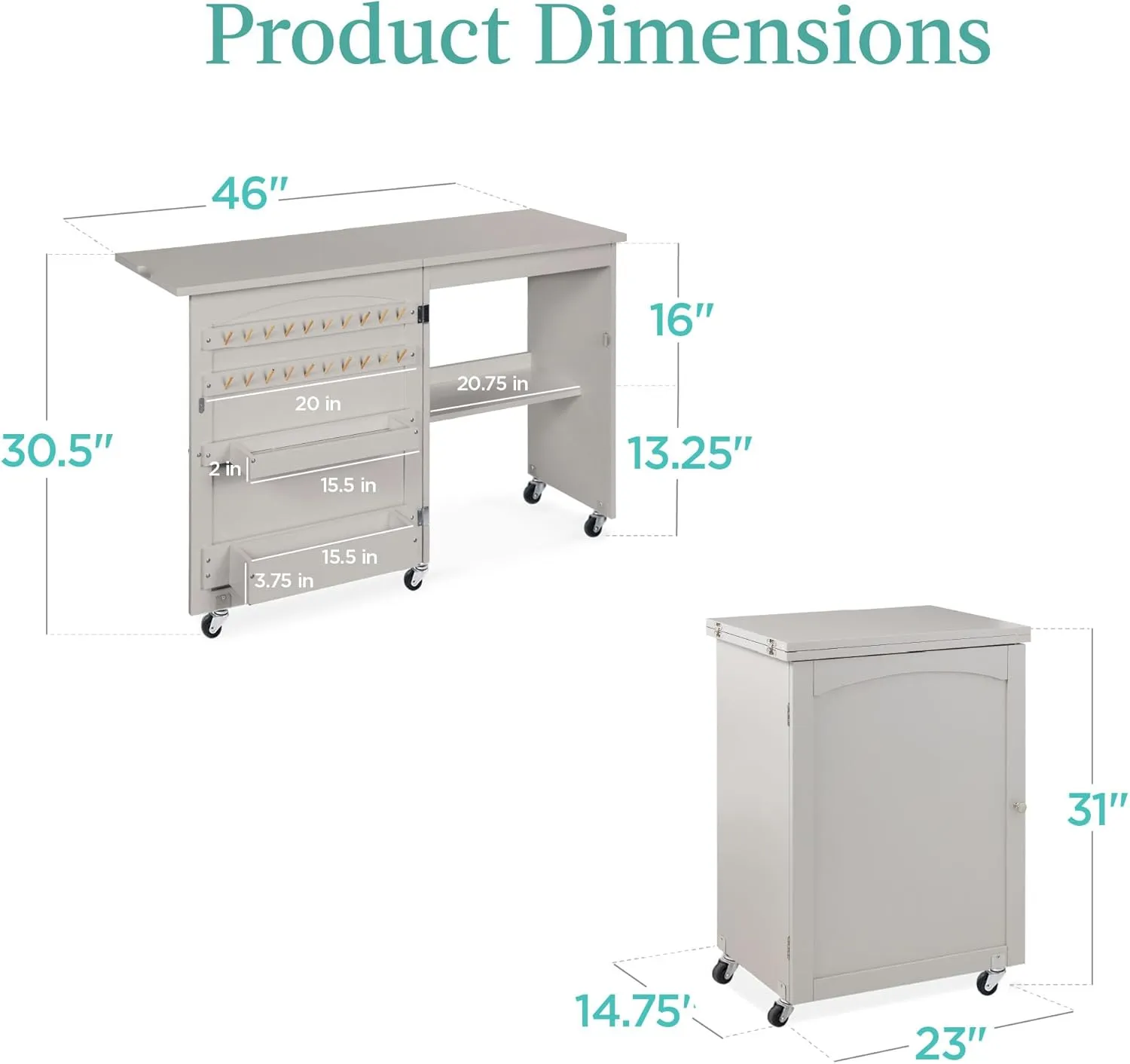 Best Choice Products Folding Sewing Table Multipurpose Craft Station & Side Desk with Compact Design, Wheels, Shelves, Storage Trays, Pegs, Magnetic Doors, Metal Doorknobs - Gray