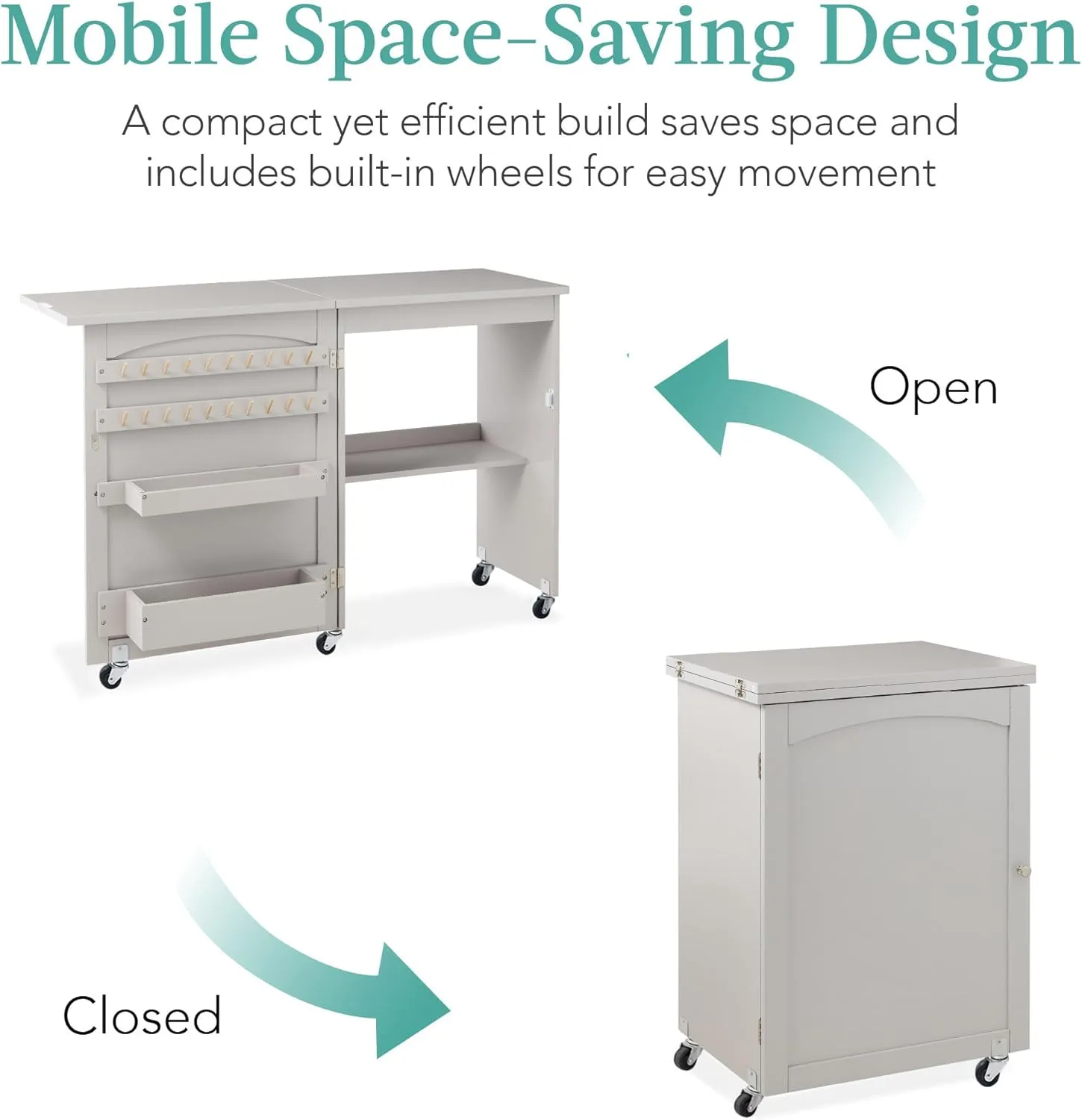 Best Choice Products Folding Sewing Table Multipurpose Craft Station & Side Desk with Compact Design, Wheels, Shelves, Storage Trays, Pegs, Magnetic Doors, Metal Doorknobs - Gray