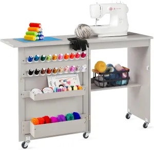 Best Choice Products Folding Sewing Table Multipurpose Craft Station & Side Desk with Compact Design, Wheels, Shelves, Storage Trays, Pegs, Magnetic Doors, Metal Doorknobs - Gray