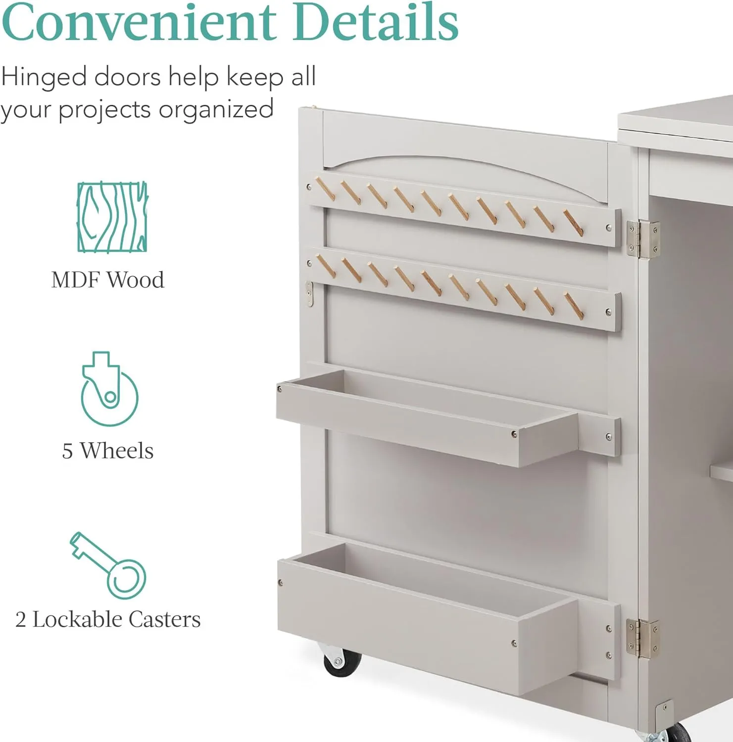 Best Choice Products Folding Sewing Table Multipurpose Craft Station & Side Desk with Compact Design, Wheels, Shelves, Storage Trays, Pegs, Magnetic Doors, Metal Doorknobs - Gray