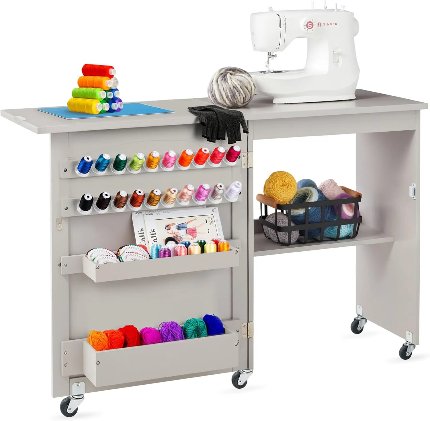 Best Choice Products Folding Sewing Table Multipurpose Craft Station & Side Desk with Compact Design, Wheels, Shelves, Storage Trays, Pegs, Magnetic Doors, Metal Doorknobs - Gray
