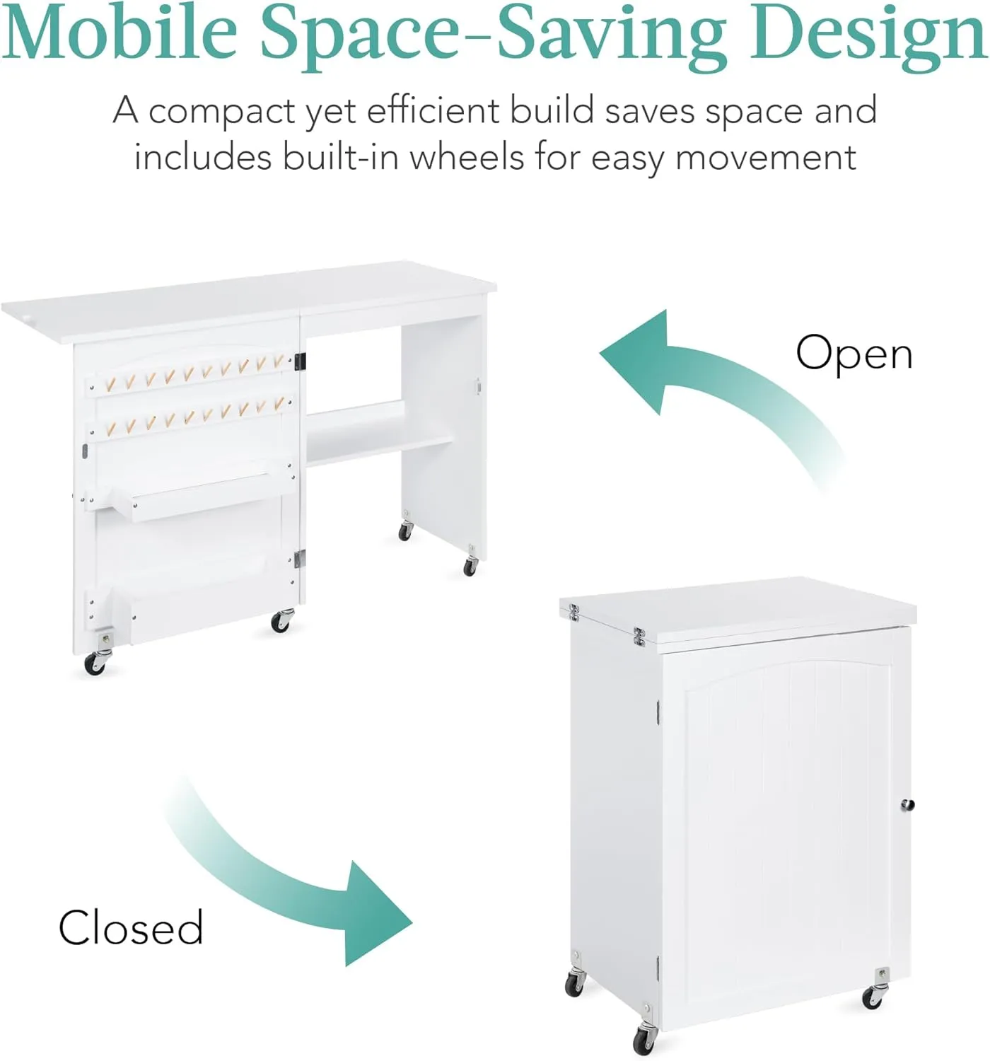 Best Choice Products Folding Sewing Table Multipurpose Craft Station & Side Desk with Compact Design, Wheels, Shelves, Storage Trays, Pegs, Magnetic Doors, Metal Doorknobs - White