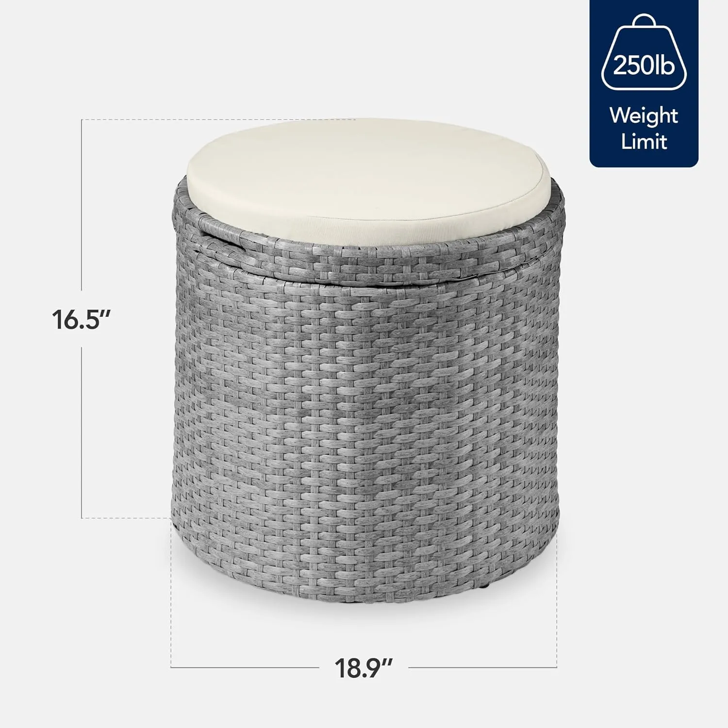 Best Choice Products Round Wicker Ottoman, Multipurpose Outdoor Furniture for Patio, Backyard, Additional Seating, Footrest, Side Table w/Storage, Removable Cushions – Gray/Cream