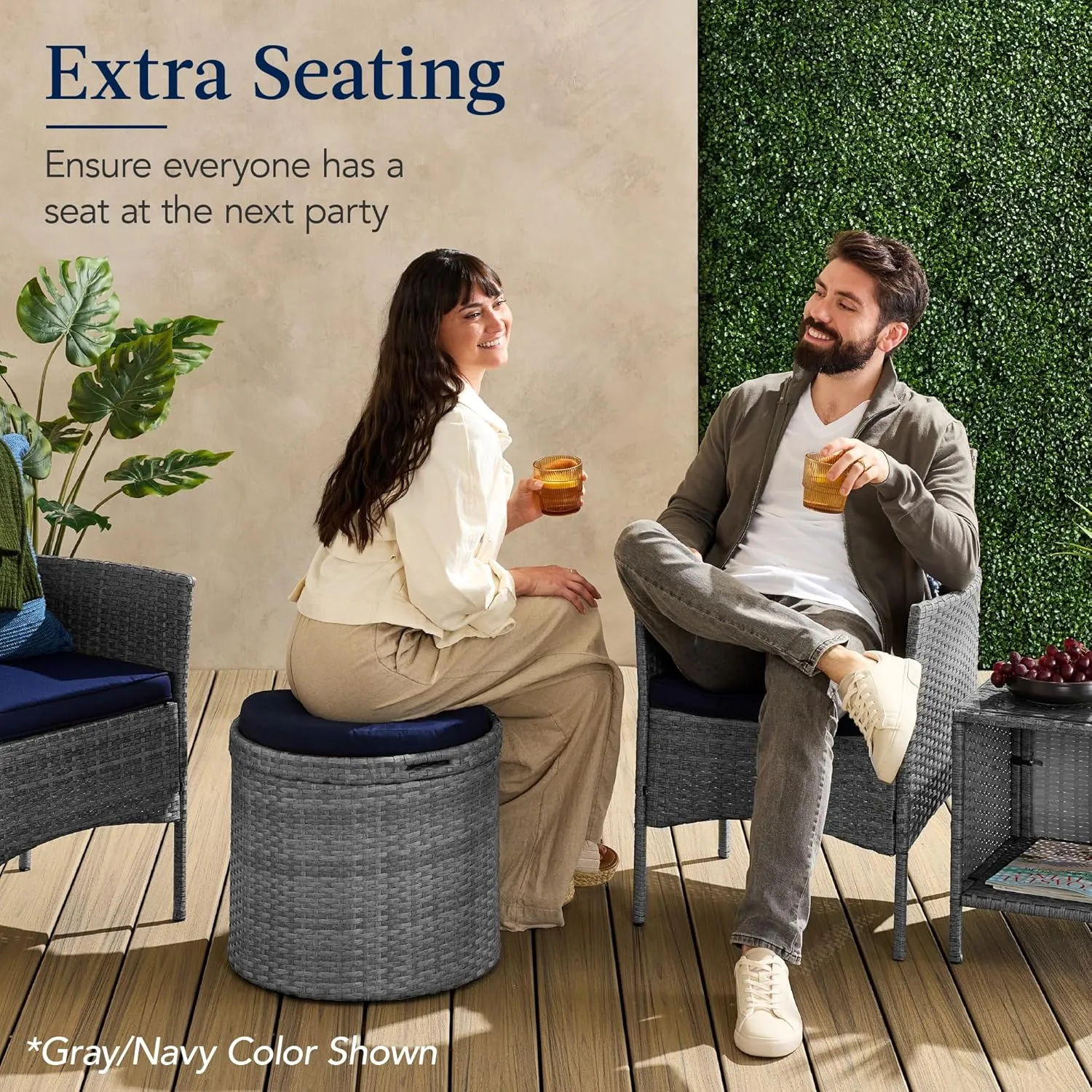 Best Choice Products Round Wicker Ottoman, Multipurpose Outdoor Furniture for Patio, Backyard, Additional Seating, Footrest, Side Table w/Storage, Removable Cushions – Gray/Cream