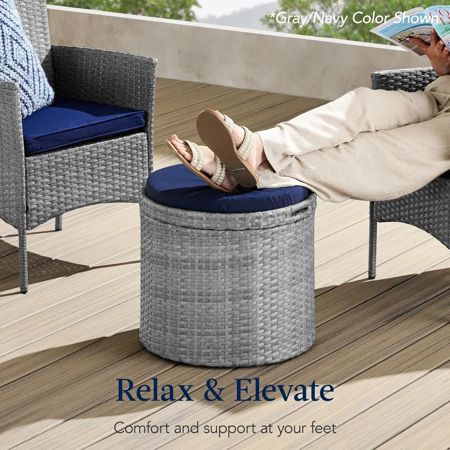 Best Choice Products Round Wicker Ottoman, Multipurpose Outdoor Furniture for Patio, Backyard, Additional Seating, Footrest, Side Table w/Storage, Removable Cushions – Gray/Cream