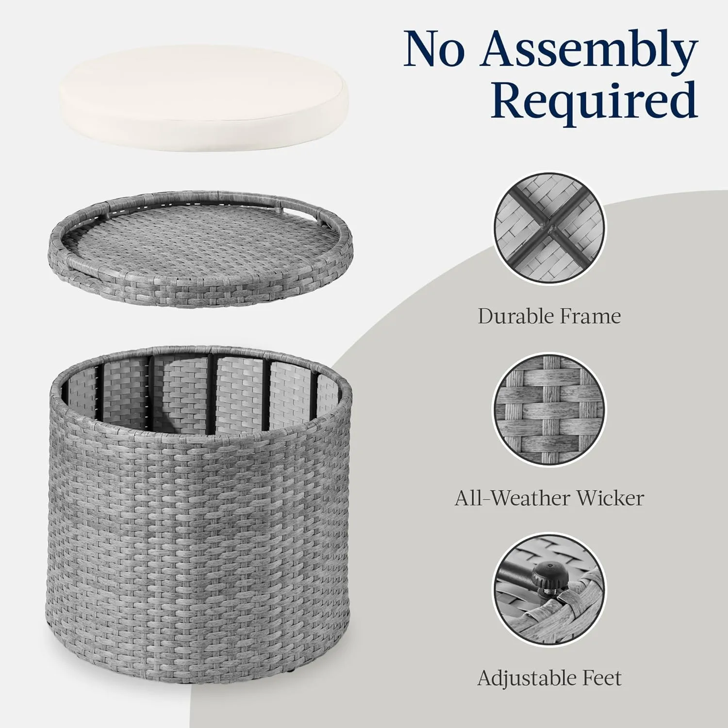 Best Choice Products Round Wicker Ottoman, Multipurpose Outdoor Furniture for Patio, Backyard, Additional Seating, Footrest, Side Table w/Storage, Removable Cushions – Gray/Cream