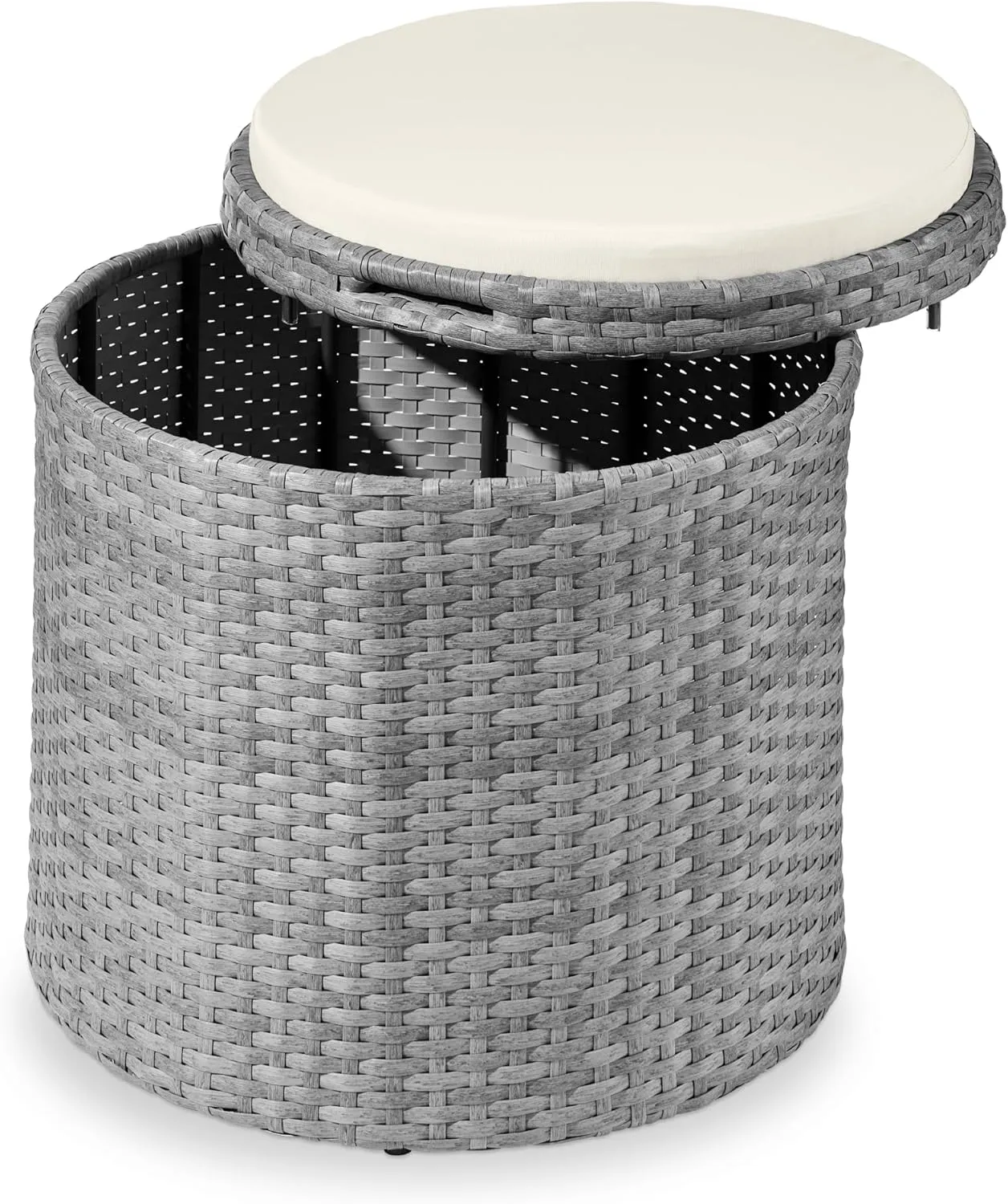 Best Choice Products Round Wicker Ottoman, Multipurpose Outdoor Furniture for Patio, Backyard, Additional Seating, Footrest, Side Table w/Storage, Removable Cushions – Gray/Cream