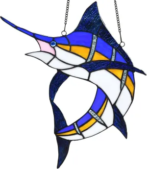 Bieye W10081 Blue Atlantic Marlin Sailfish Tiffany Style Stained Glass Window Panel Hangings, 14.75" Wx14 H