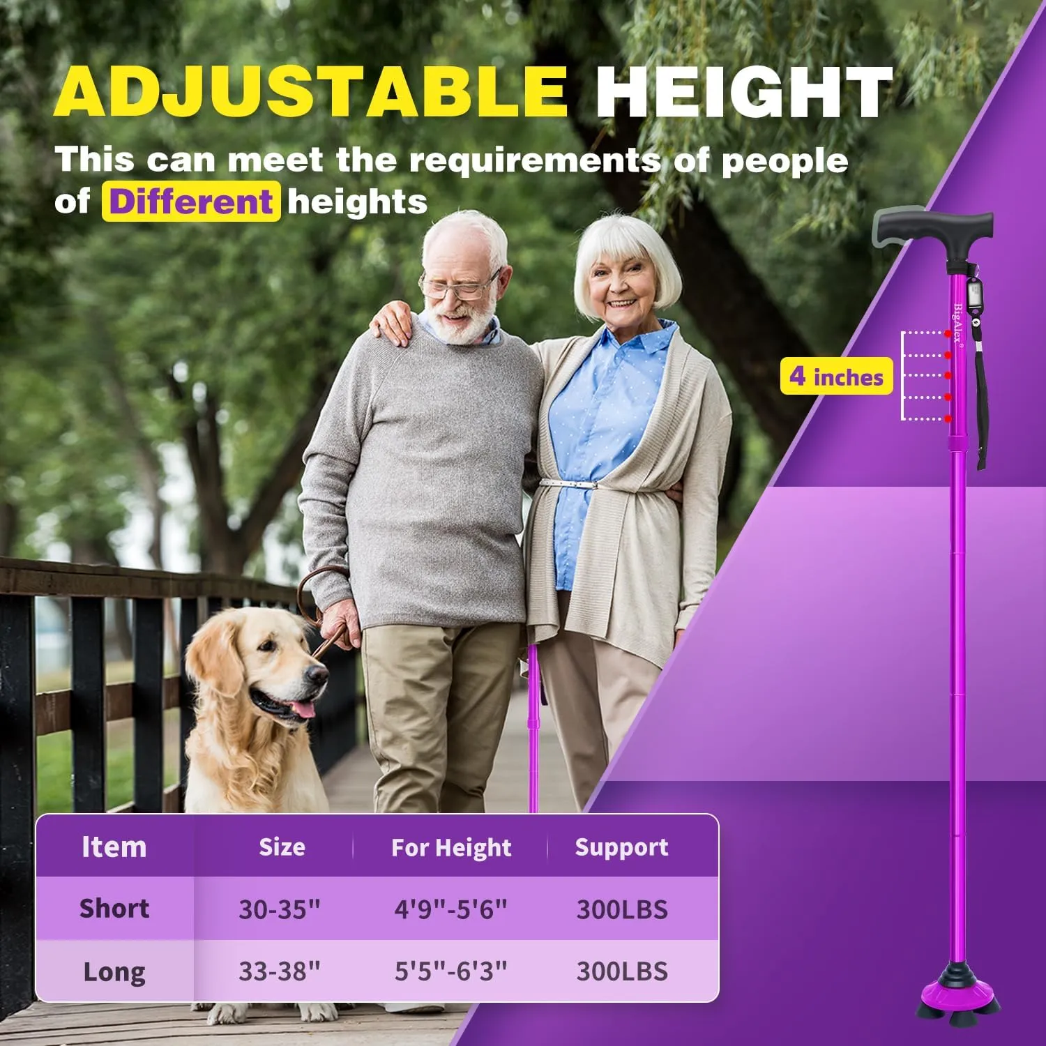 BigAlex Folding Walking Cane for Elderly Adjustable & Portable Walking Stick for Seniors,Pivoting Quad Base,Lightweight,Collapsible with Carrying Bag for Men/Woman