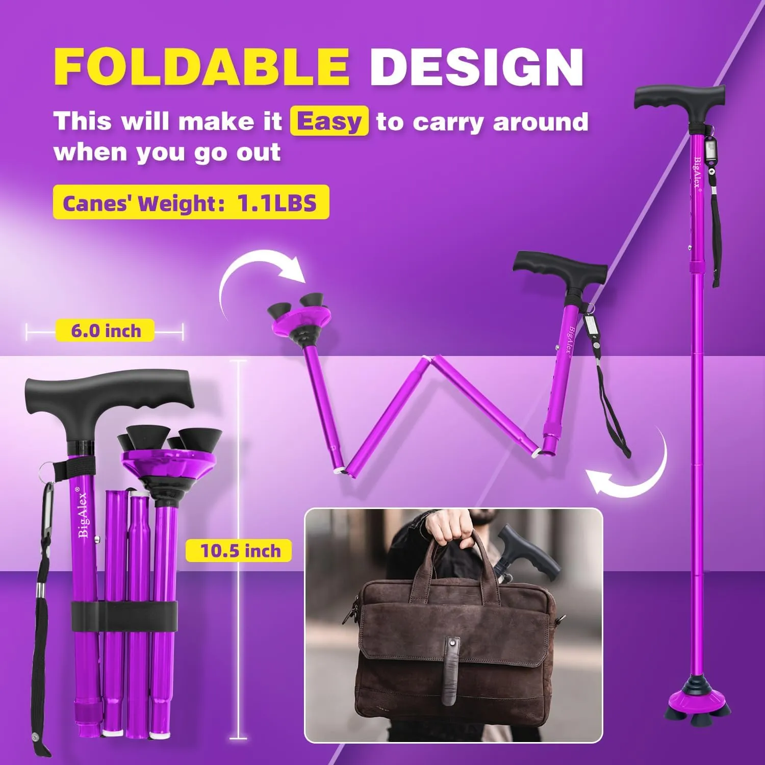 BigAlex Folding Walking Cane for Elderly Adjustable & Portable Walking Stick for Seniors,Pivoting Quad Base,Lightweight,Collapsible with Carrying Bag for Men/Woman