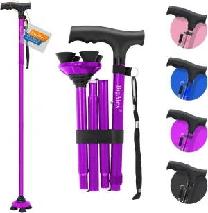 BigAlex Folding Walking Cane for Elderly Adjustable & Portable Walking Stick for Seniors,Pivoting Quad Base,Lightweight,Collapsible with Carrying Bag for Men/Woman