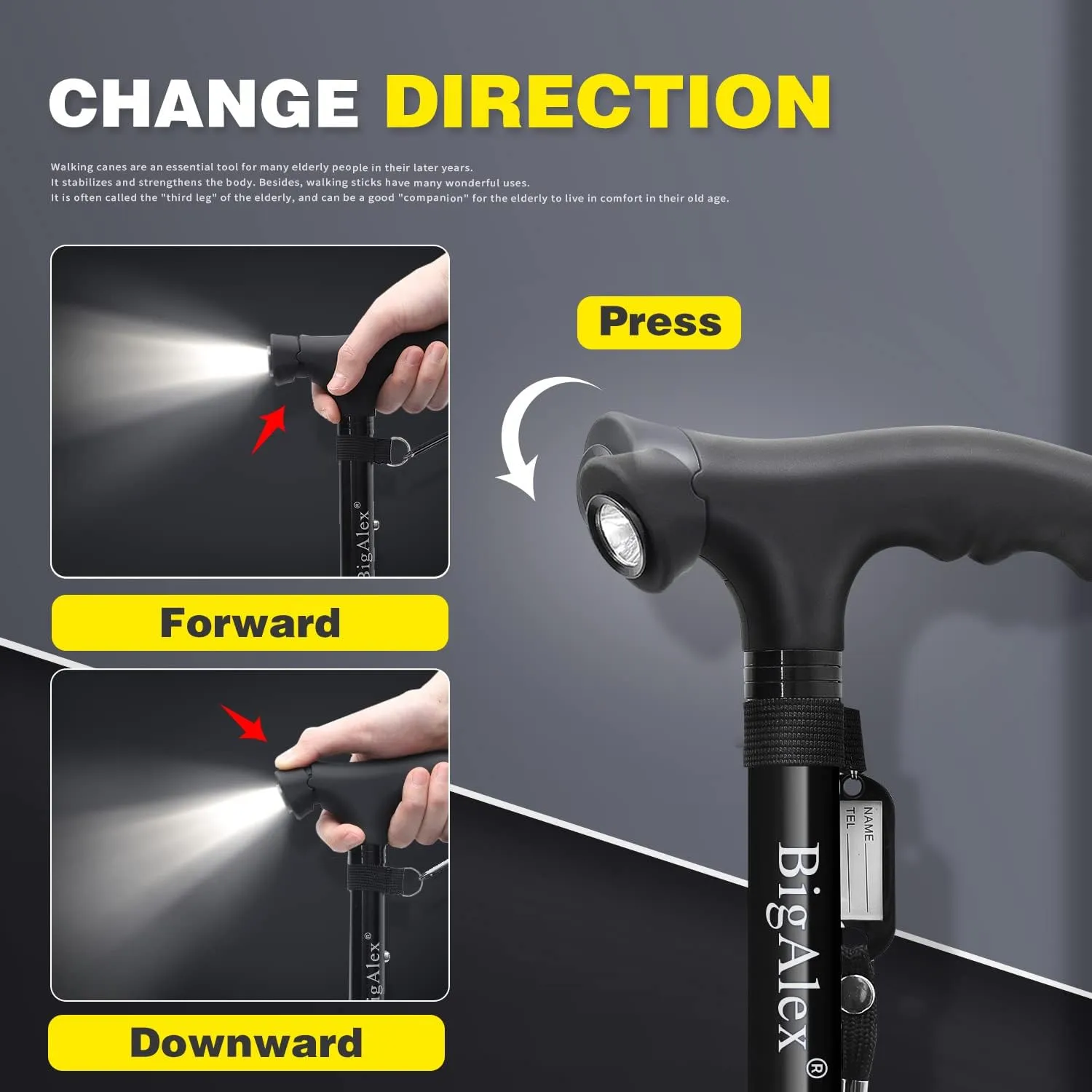 BigAlex Folding Walking Cane with LED Light,Pivoting Quad Base,Adjustable Walking Stick with Carrying Bag for Man/Woman (Alloy Base)