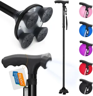 BigAlex Folding Walking Cane with LED Light,Pivoting Quad Base,Adjustable Walking Stick with Carrying Bag for Man/Woman (Alloy Base)