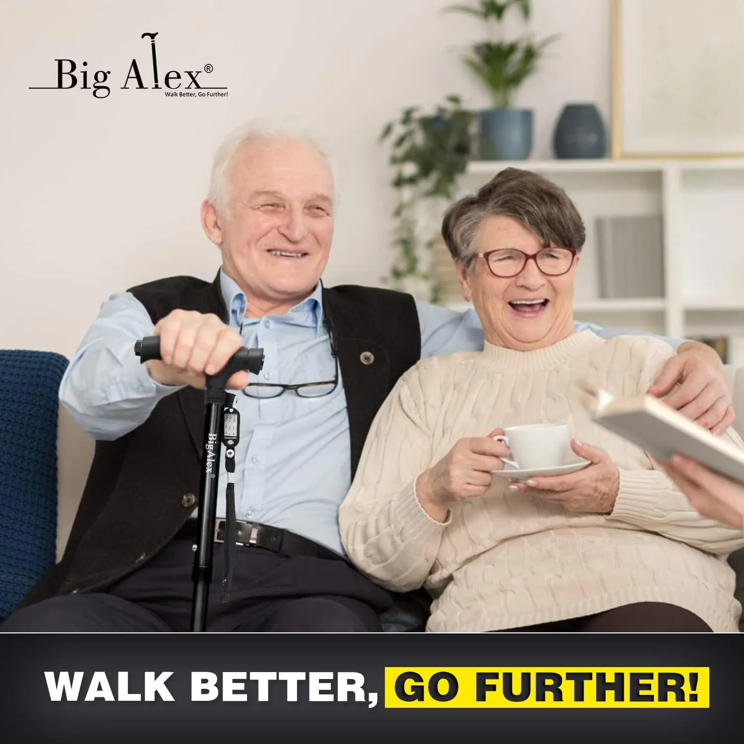 BigAlex Folding Walking Cane with LED Light,Pivoting Quad Base,Adjustable Walking Stick with Carrying Bag for Man/Woman (Alloy Base)