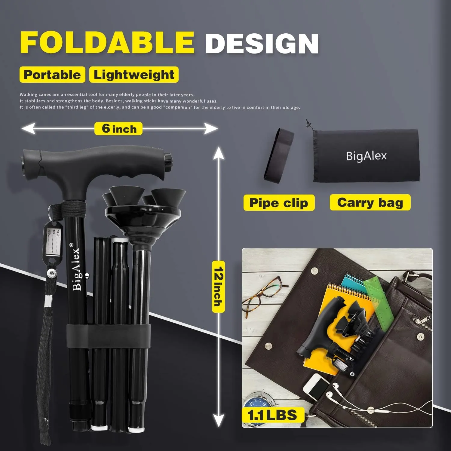 BigAlex Folding Walking Cane with LED Light,Pivoting Quad Base,Adjustable Walking Stick with Carrying Bag for Man/Woman (Alloy Base)
