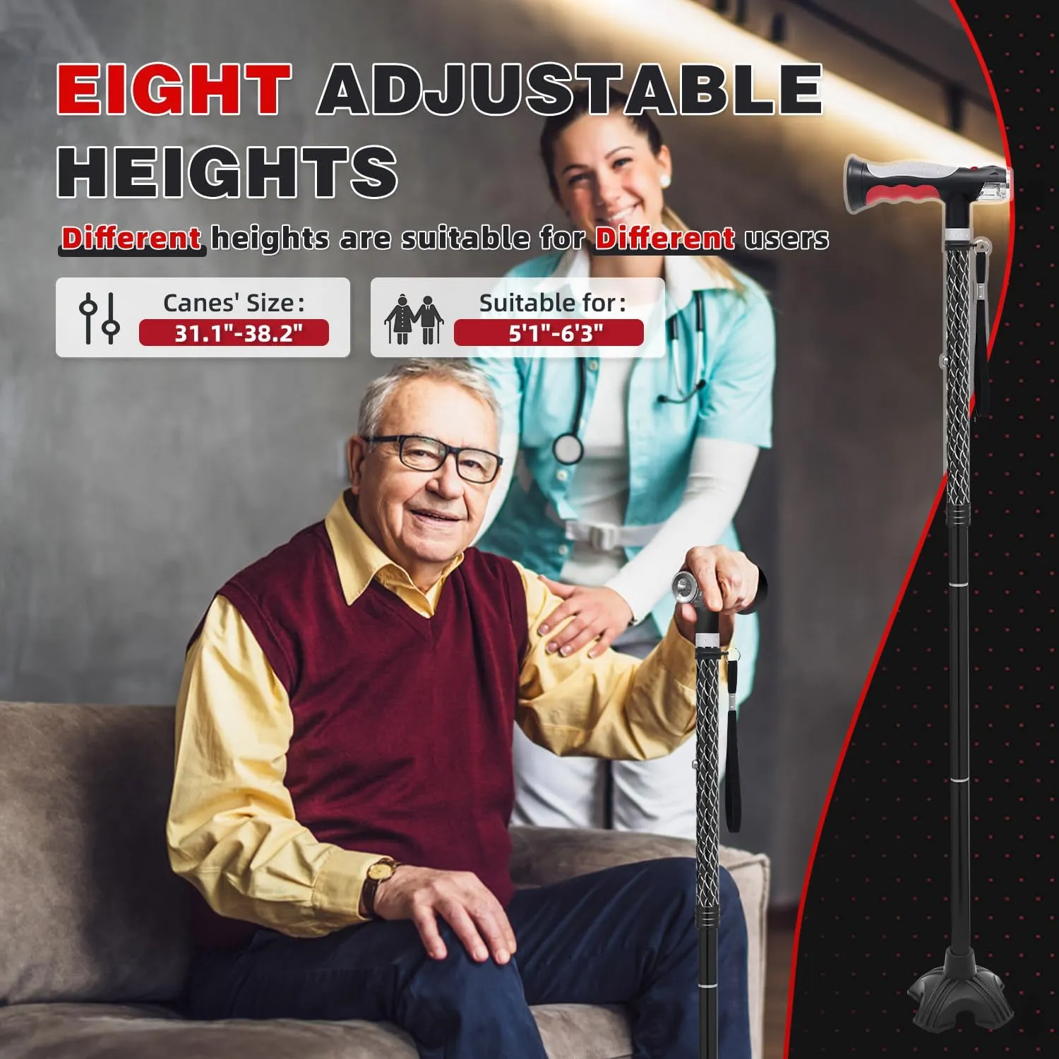 BigAlex Folding Walking Cane with Two Led Lights for Elderly Solid Base Adjustable Walking Stick with Carrying Bag for Men Women