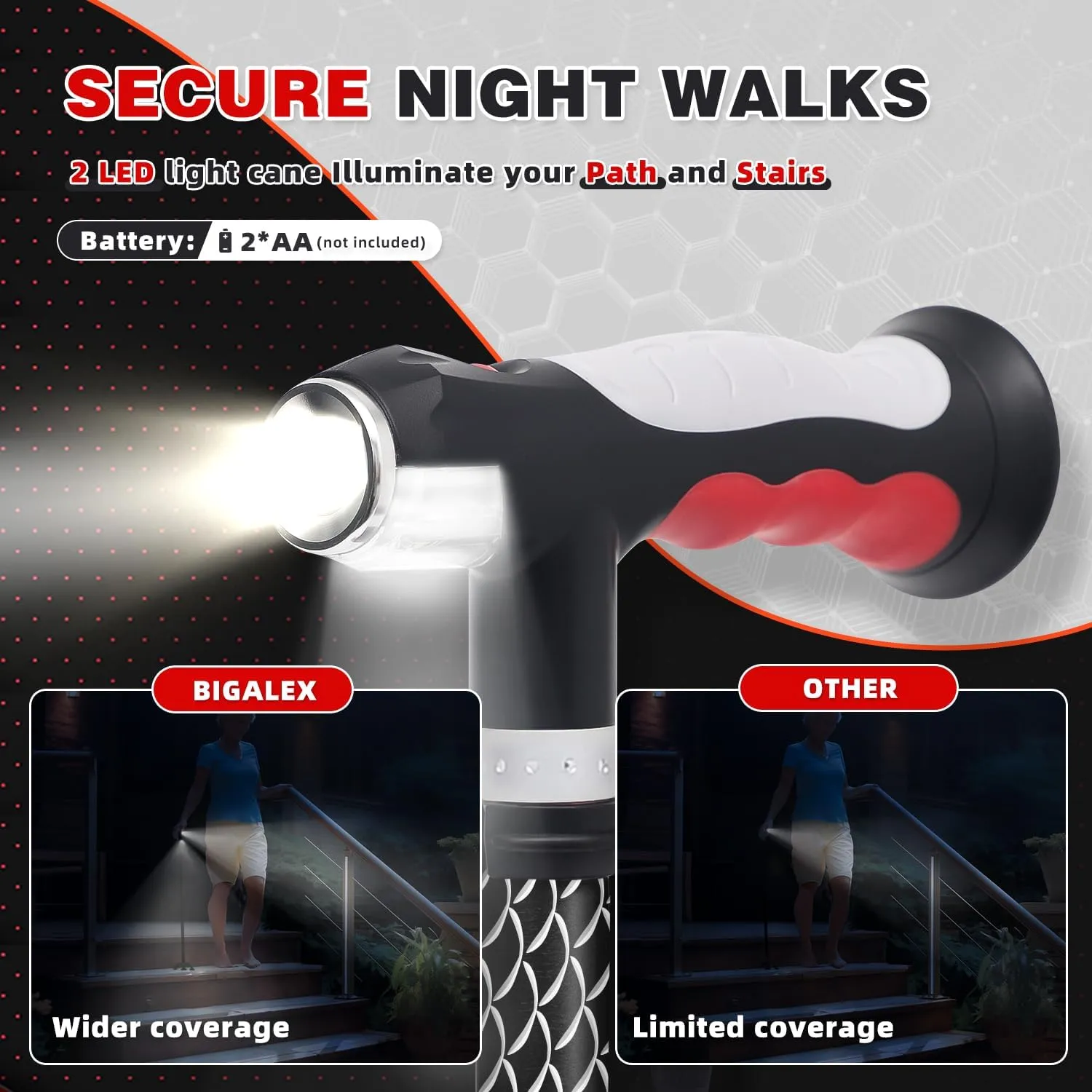 BigAlex Folding Walking Cane with Two Led Lights for Elderly Solid Base Adjustable Walking Stick with Carrying Bag for Men Women