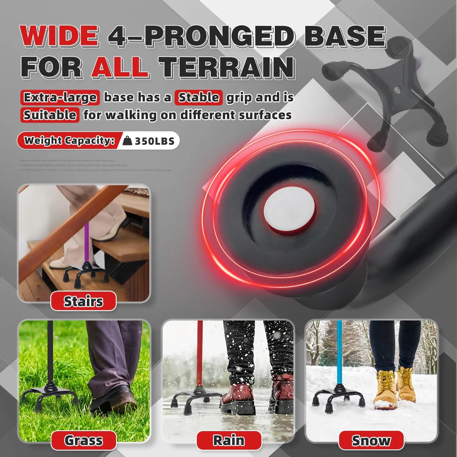 BigAlex Quad Cane, Foldable Adjustable Walking Cane for Men & Women with Stable 4-Pronged Base for Extra Stability & Balance, Heavy Duty, Lightweight, Soft Offset Handle Stick for Seniors & Elderly