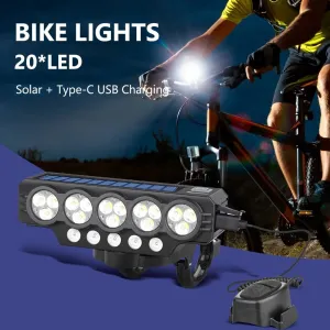 Bike Headlight, 20 LED Solar Bike Horn Light 4000mAh USB Rechargeable, IPX4 Cycling Safety Front Lamp Power Display High Brightness Flashlight Wide Beam Bike Lights for Night Riding