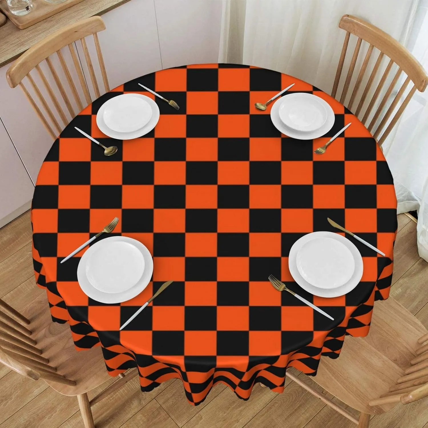Black and Orange Checkerboard Pattern Flower Lace Tablecloth Round 60 Inches, Suitable for Wedding Banquets, Brunch Parties, Coffee Shop Dining Table Decoration