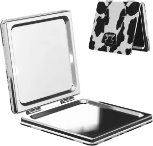 Black and White Cow Print Printed Square Pocket Makeup Mirror with 1X/2X Magnification, Portable Mini Travel Makeup Mirror for Travel Daily Work Beauty