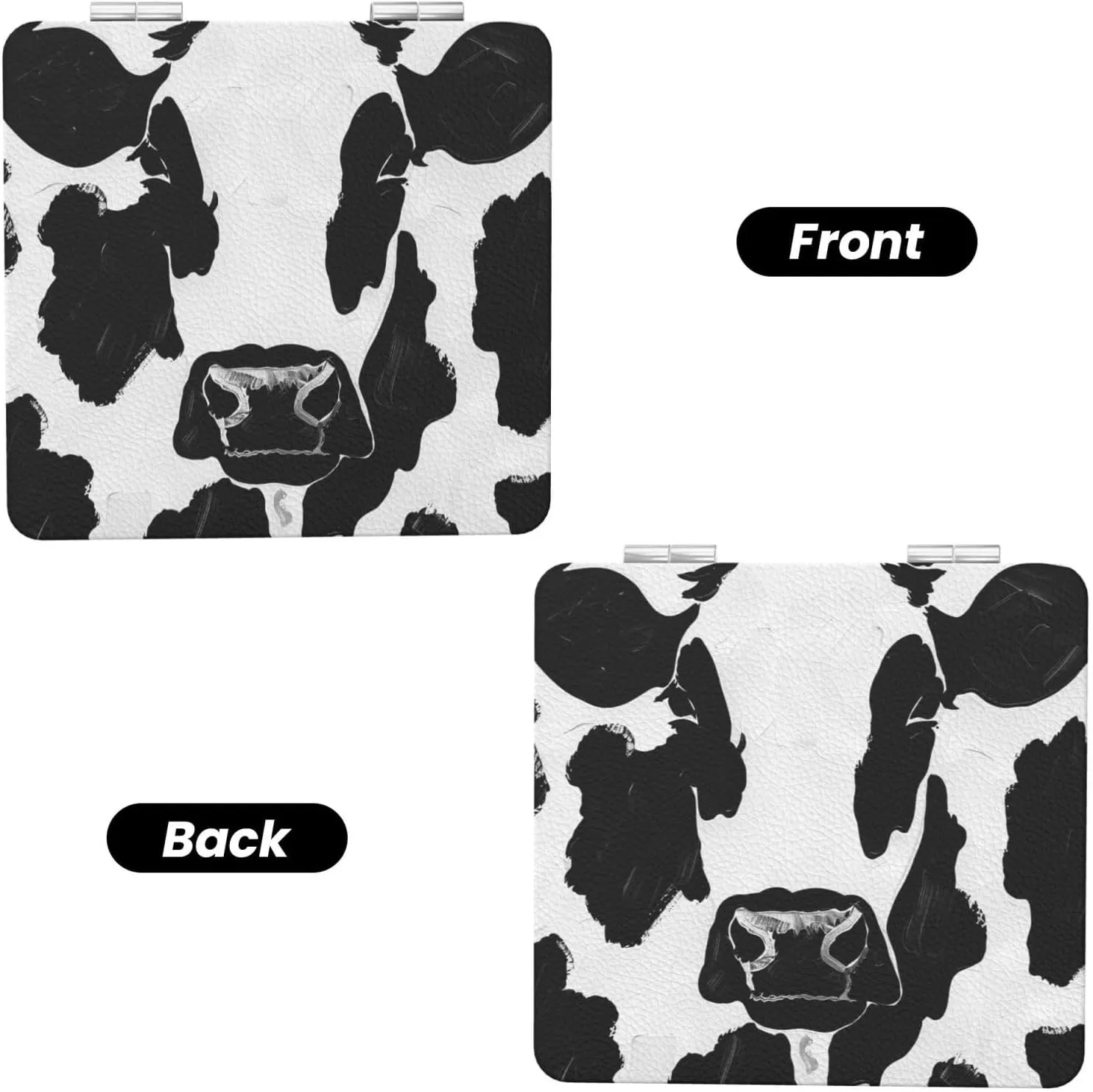 Black and White Cow Print Printed Square Pocket Makeup Mirror with 1X/2X Magnification, Portable Mini Travel Makeup Mirror for Travel Daily Work Beauty